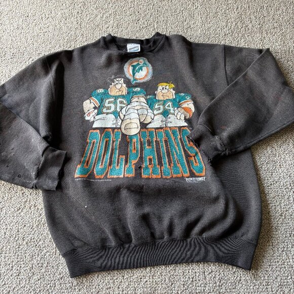 VNT 90s Miami Dolphins x Flintstones Sweatshirt | XL | Tultex | Rare Thrashed - Picture 1 of 11